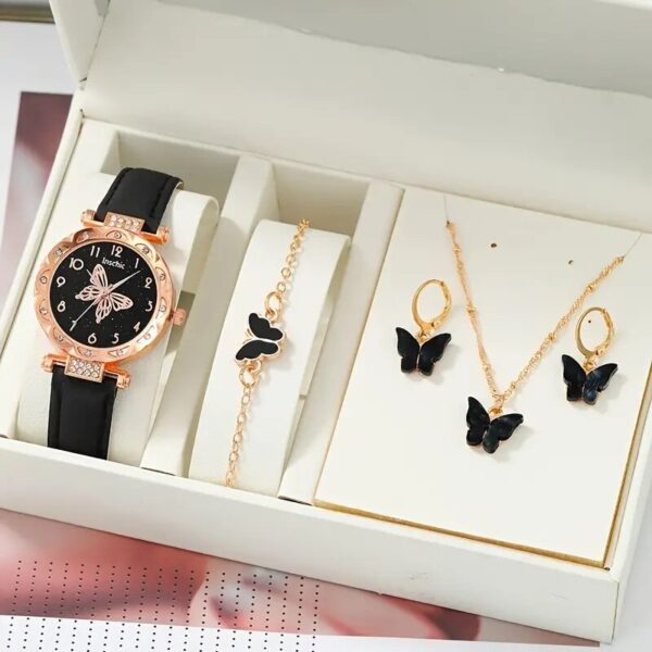Conjunto de 5 Peças, Relógio de Luxo com Strass, Colar, Brincos e Pulseira