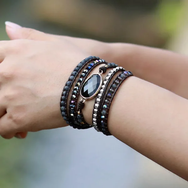 Pulseira de couro de designer de inspiração nativa preto ônix mix 5 fios - Imagem 4