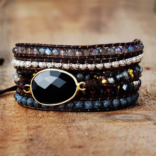 Pulseira de couro de designer de inspiração nativa preto ônix mix 5 fios