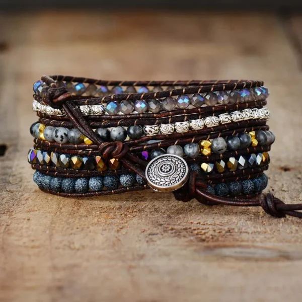 Pulseira de couro de designer de inspiração nativa preto ônix mix 5 fios - Imagem 3