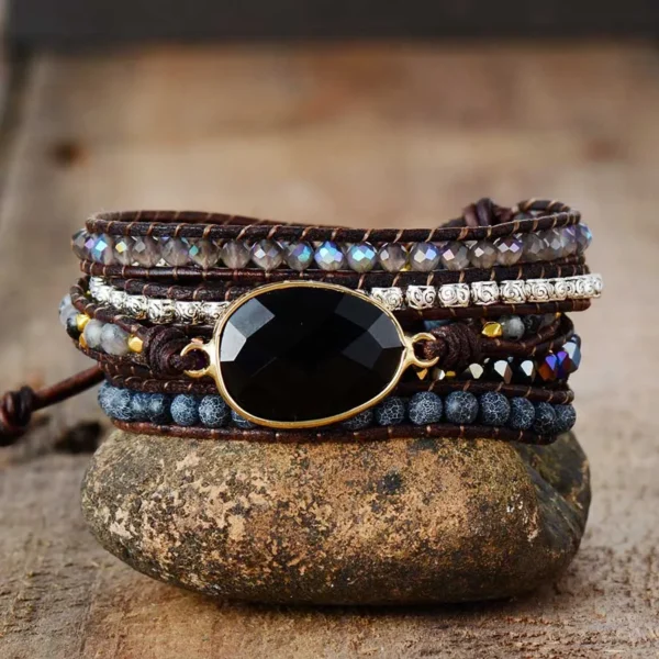 Pulseira de couro de designer de inspiração nativa preto ônix mix 5 fios - Imagem 2