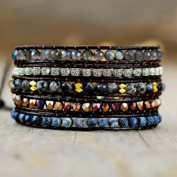 Pulseira de couro de designer de inspiração nativa preto ônix mix 5 fios - Imagem 5