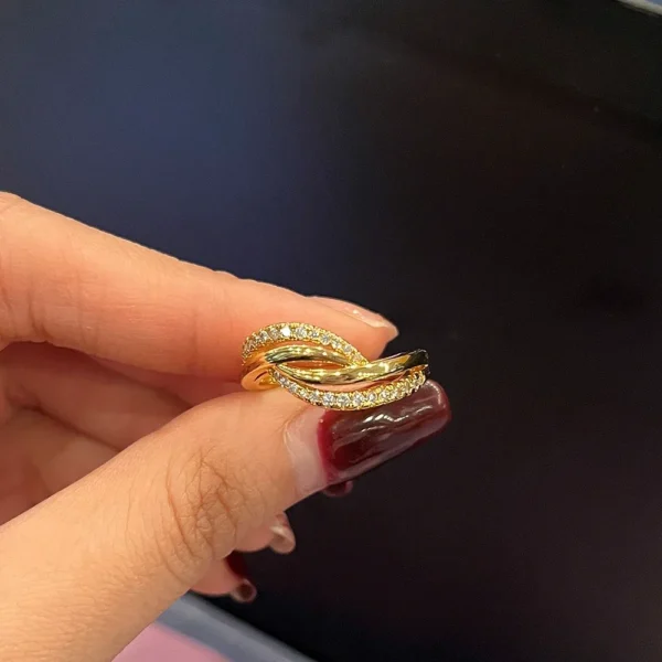 Anel Duplo X cor Ouro e Prata com Zircônia para Noivado de Casamento - Imagem 4