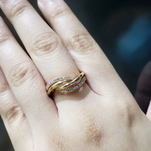 Anel Duplo X cor Ouro e Prata com Zircônia para Noivado de Casamento - Imagem 3