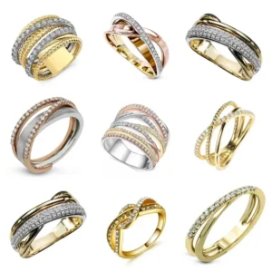 Anel Duplo X cor Ouro e Prata com Zircônia para Noivado de Casamento